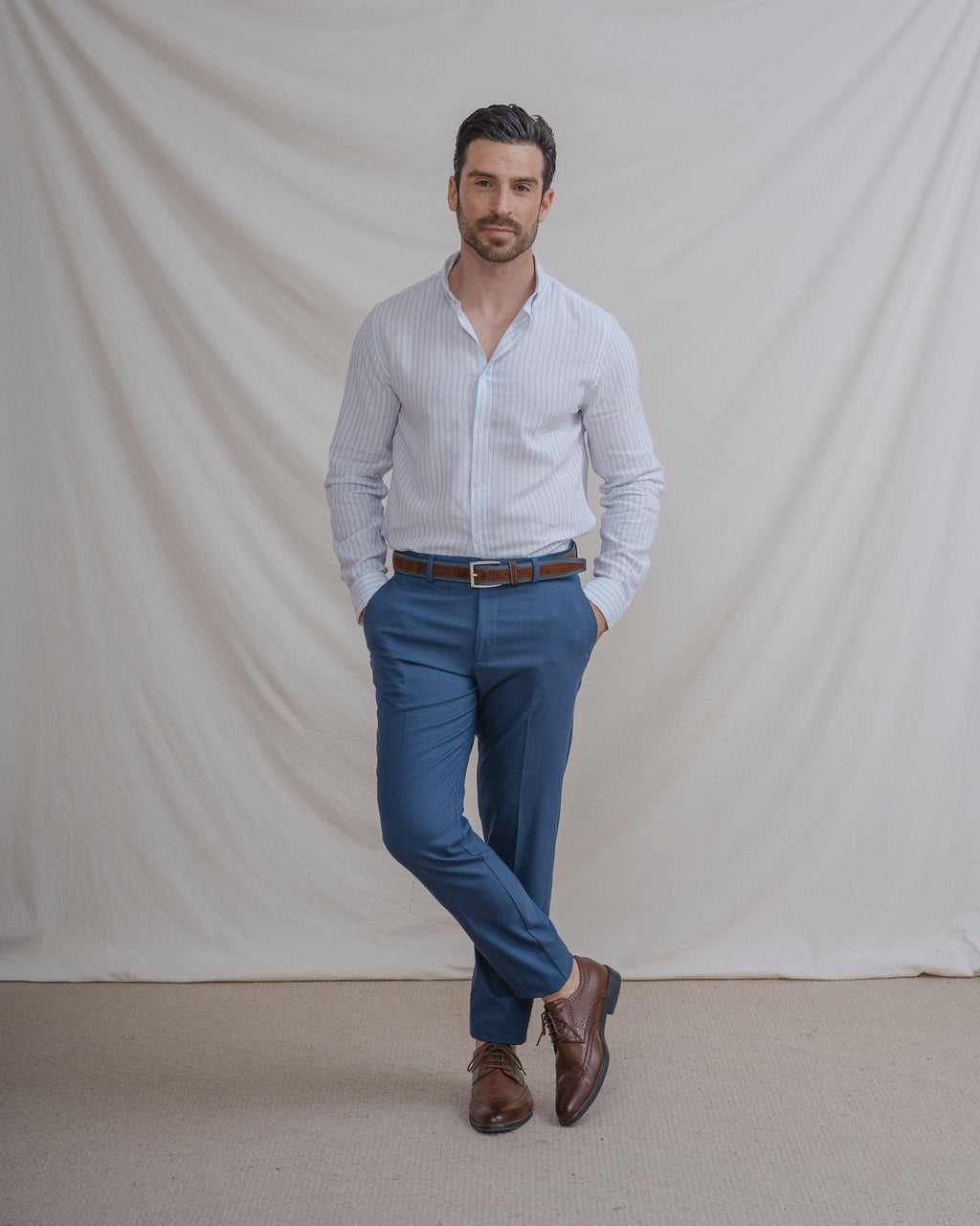 CAMISA LINO RAYA CELESTE