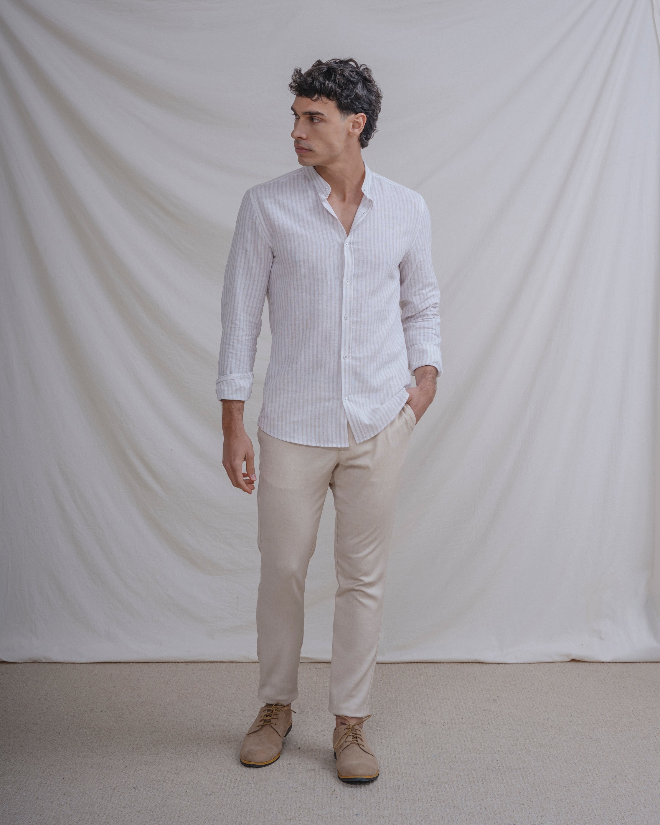 CAMISA CUELLO MAO LINO RAYA BEIGE