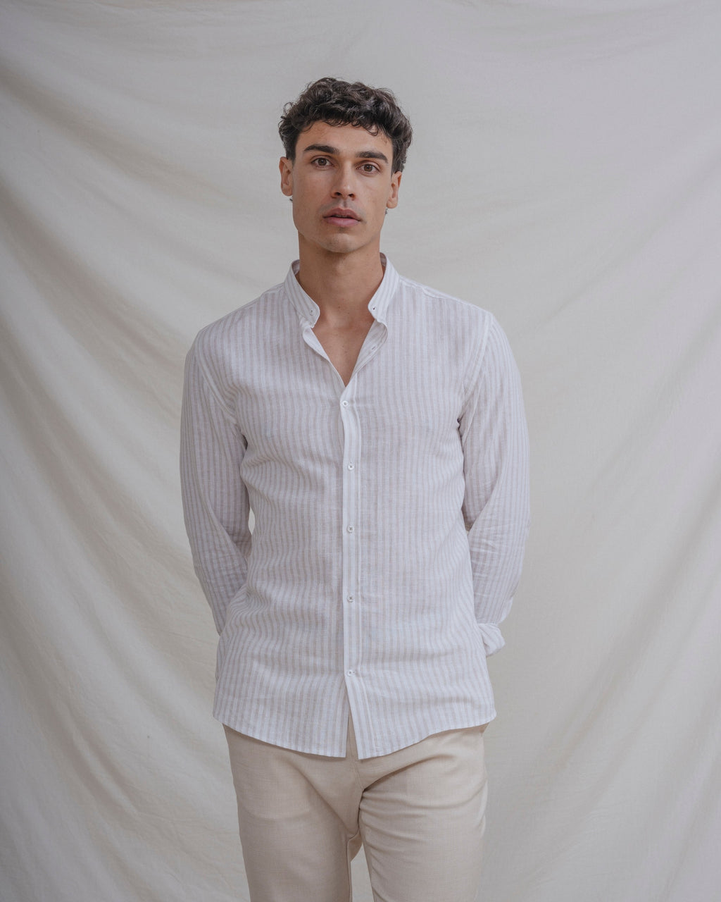 CAMISA CUELLO MAO LINO RAYA BEIGE