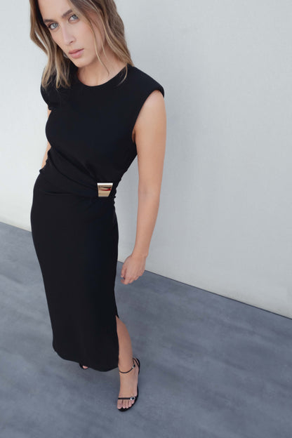 VESTIDO MIDI APLIQUE DORADO