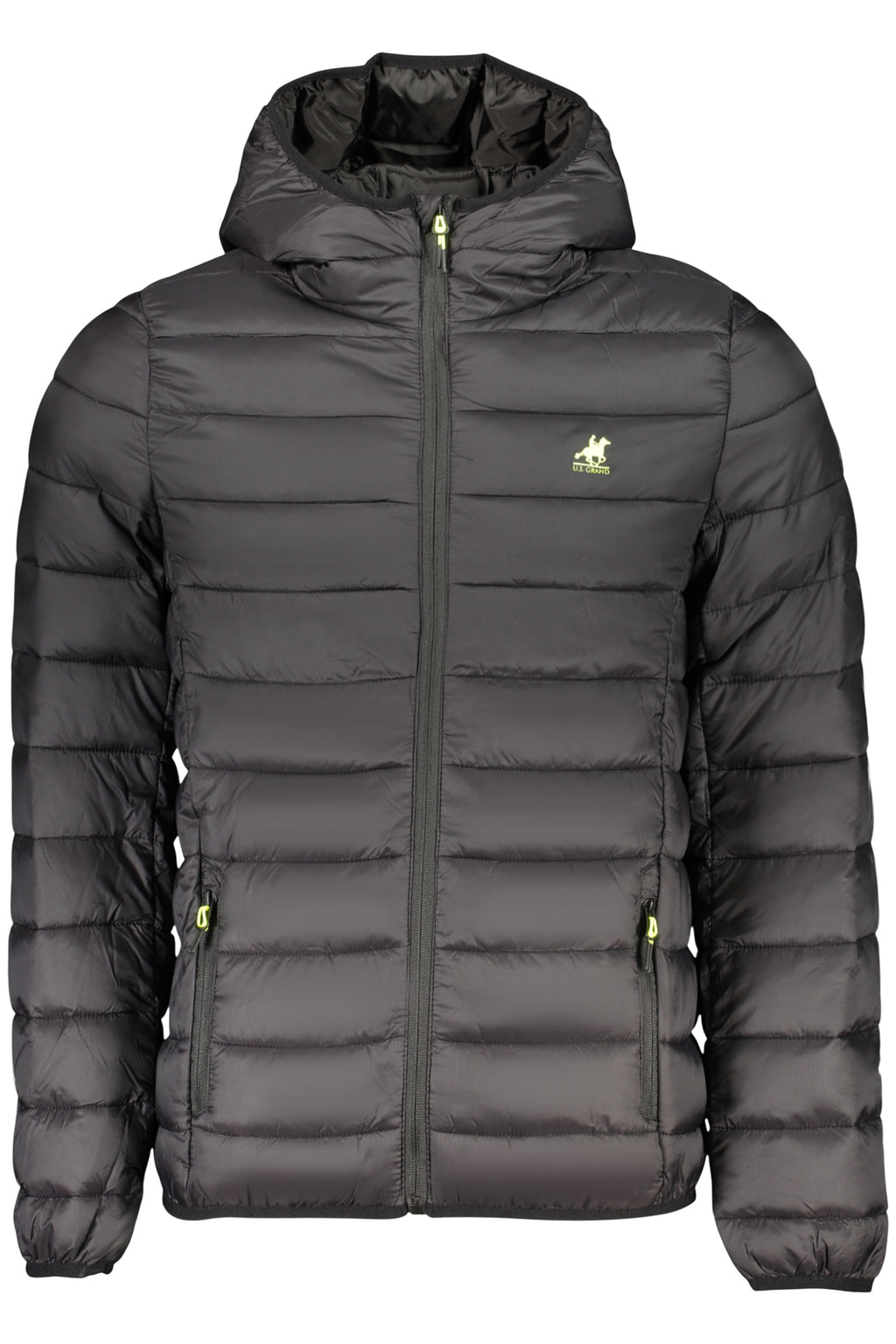 Chaqueta puffer negra con capucha y detalles verde lima para hombre U.S. Grand